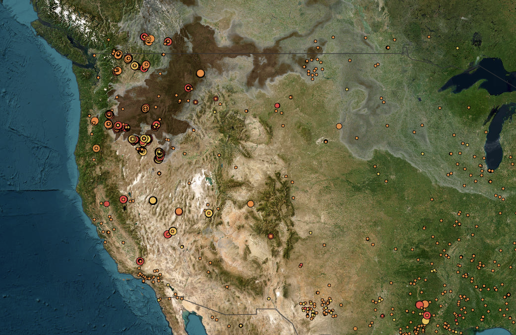 Satellite smoke map + active fire hotspots